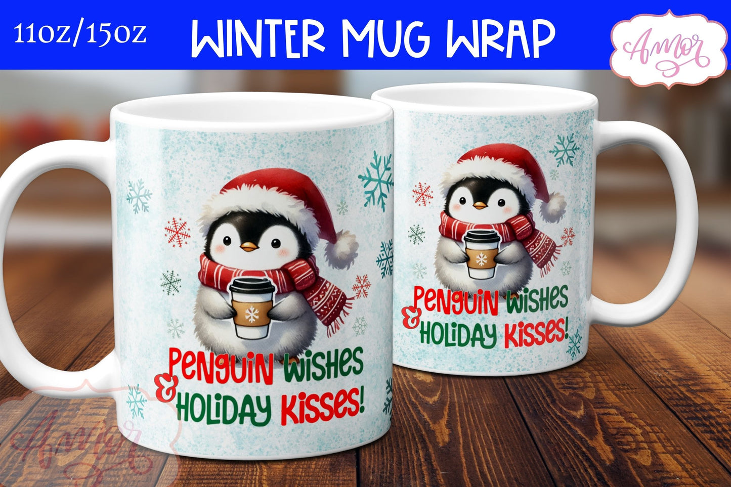 Cute Christmas mug wrap PNG | Cute penguin coffee mug PNG