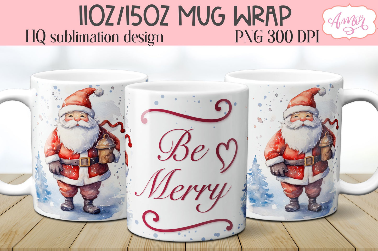 Cute Santa mug PNG wrap for sublimation | Be merry PNG