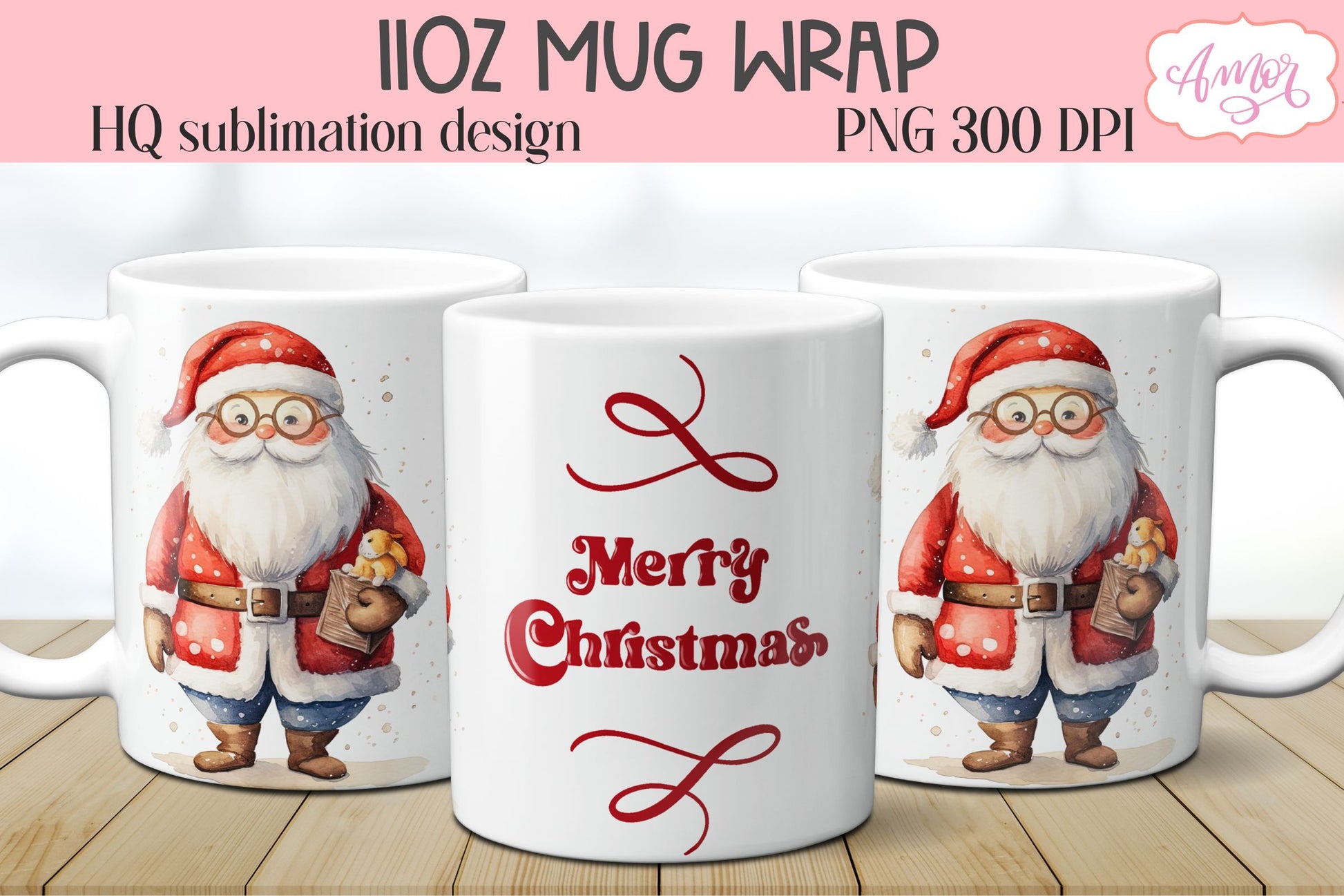 Cute Santa mug PNG wrap for sublimation Merry Christmas