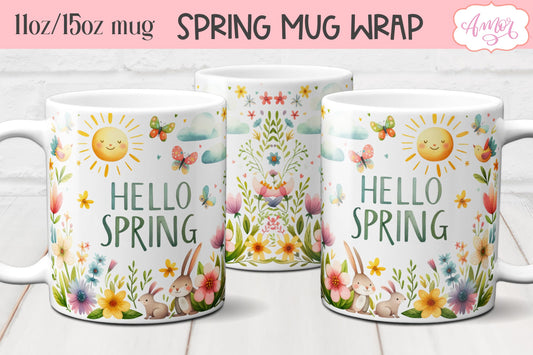 Cute Spring Mug Wrap PNG for Sublimation | Hello Spring PNG