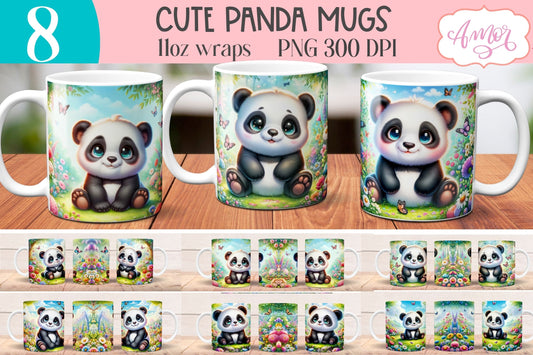 Cute baby panda bear mug wrap PNG for sublimation BUNDLE