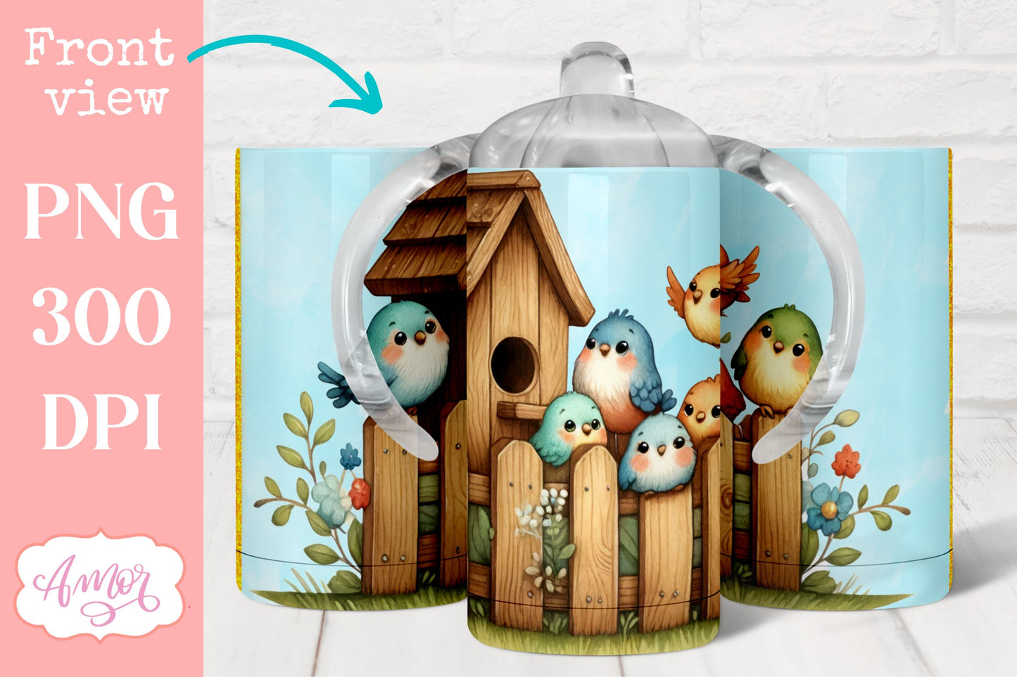 Cute birds sippy cup sublimation PNG | Kids tumbler template