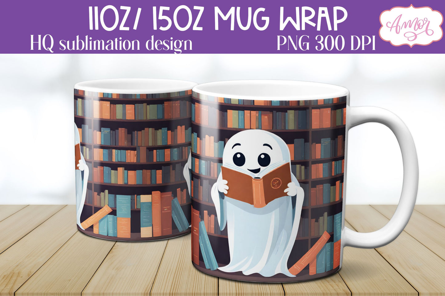 Cute ghost reading a book mug wrap PNG Sublimation Halloween