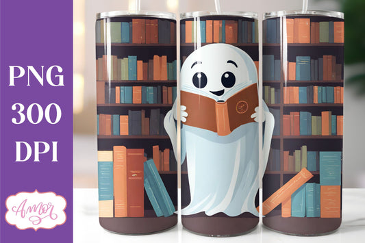 Cute ghost reading a book tumbler wrap PNG Sublimation