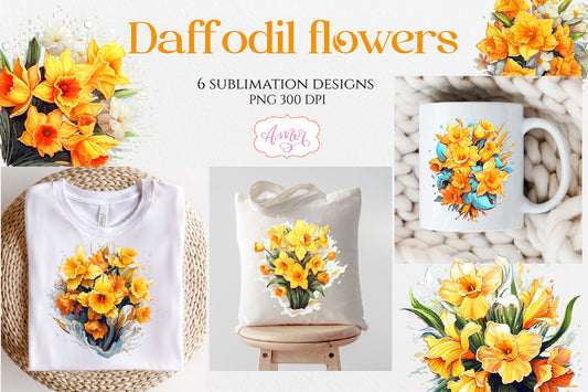 Daffodil flowers sublimation PNG bundle | Yellow flowers PNG