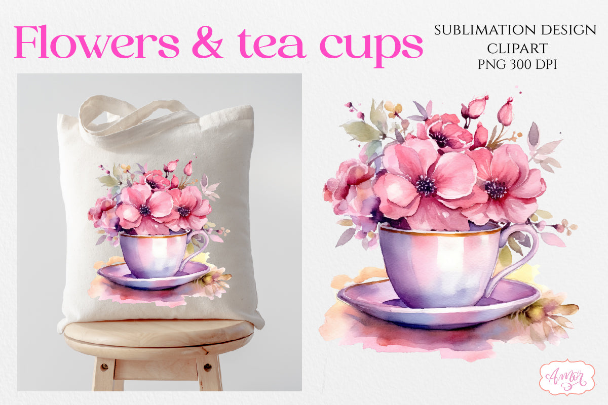 Watercolor tea cup and flowers sublimation PNG bundle
