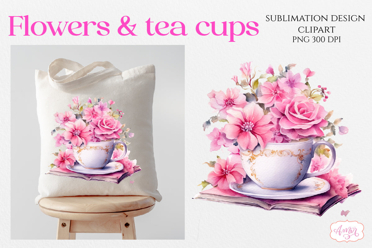 Watercolor tea cup and flowers sublimation PNG bundle