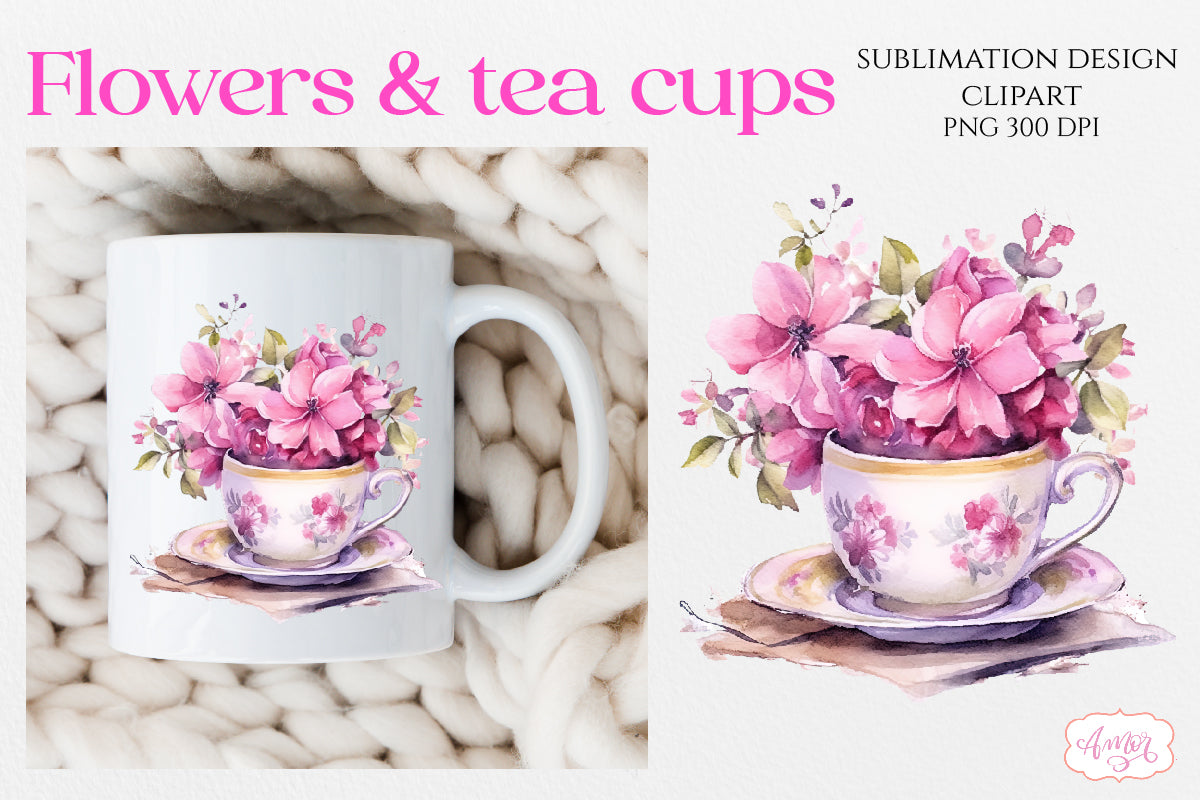 Watercolor tea cup and flowers sublimation PNG bundle