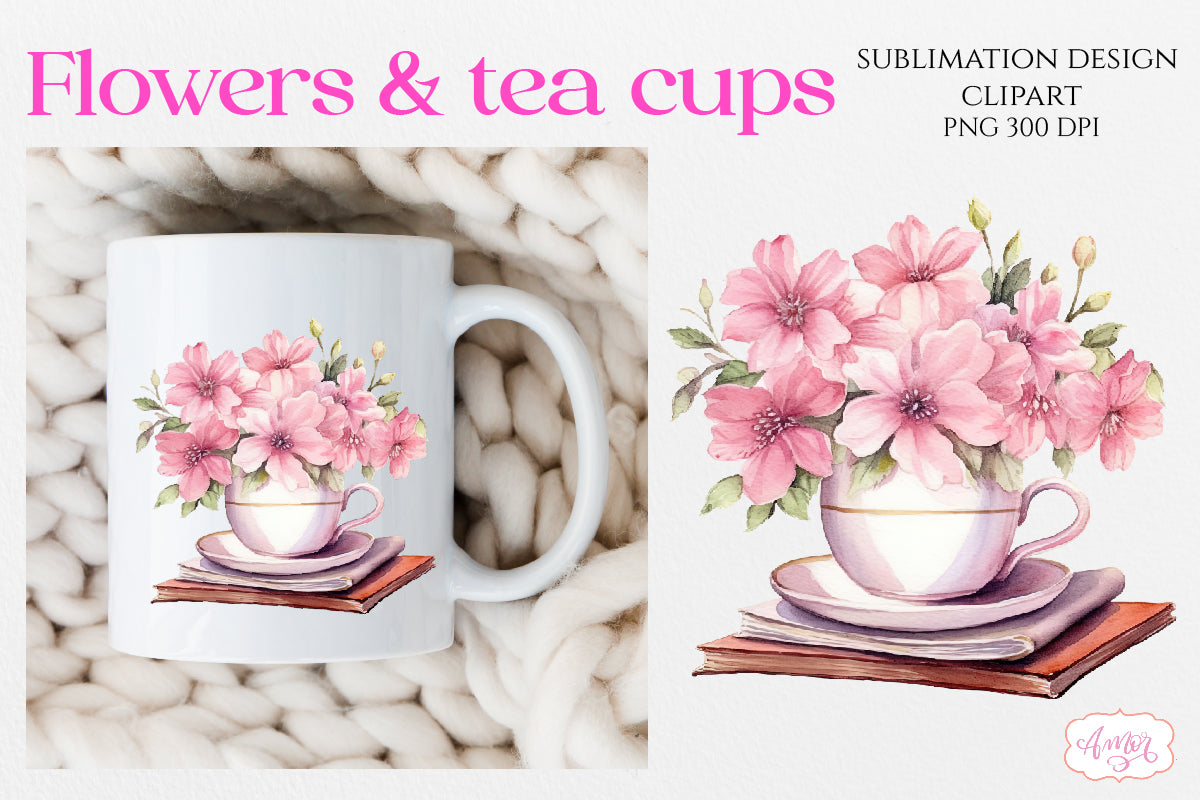 Watercolor tea cup and flowers sublimation PNG bundle