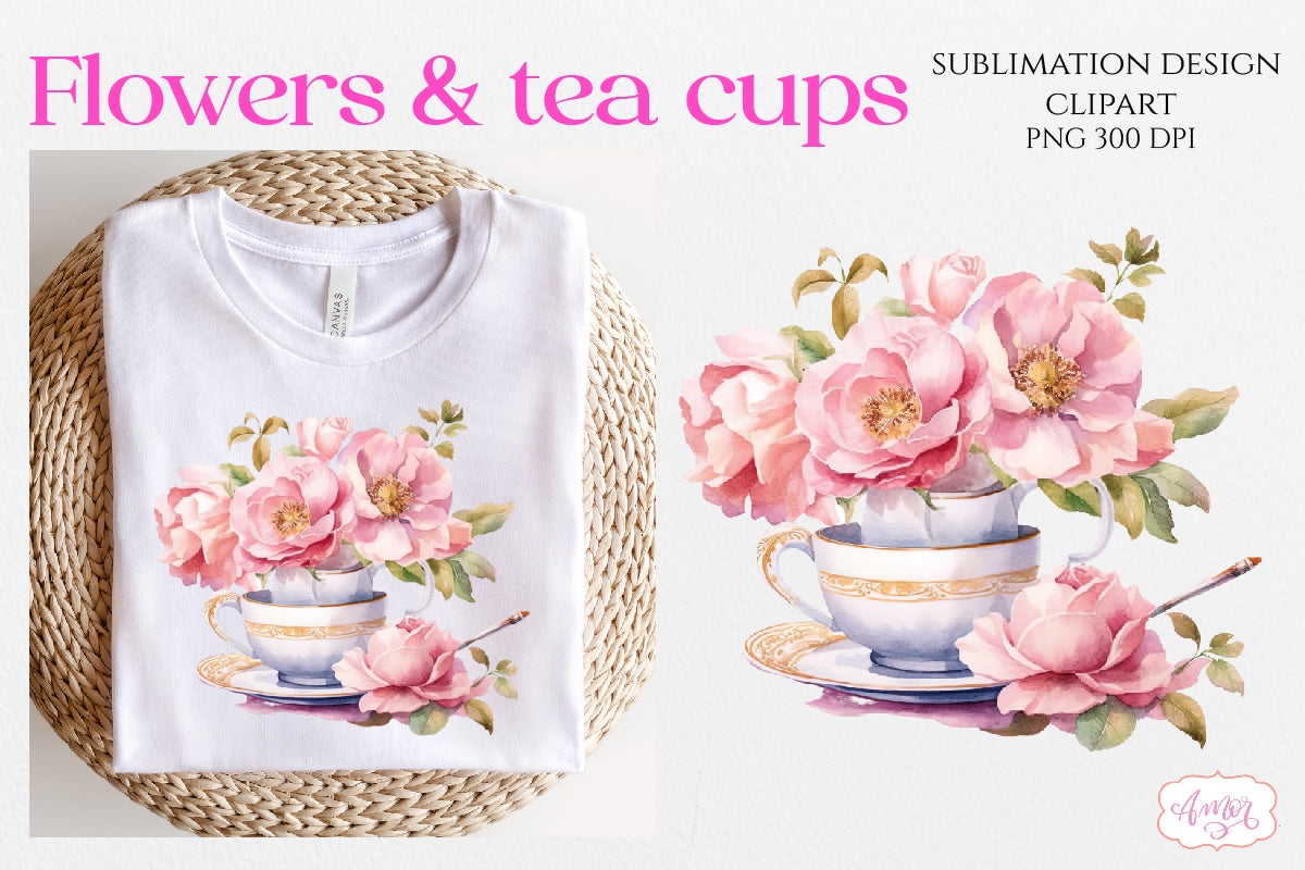 Watercolor tea cup and flowers sublimation PNG bundle