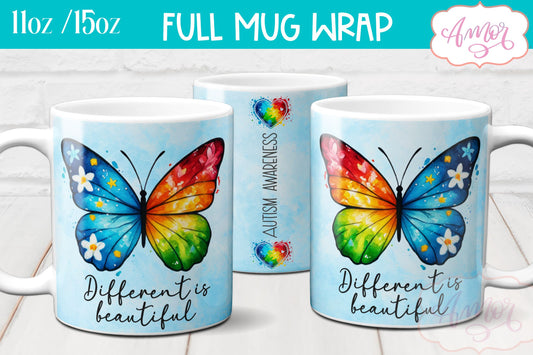 Autism awareness mug wrap | Different is beautiful mug PNG