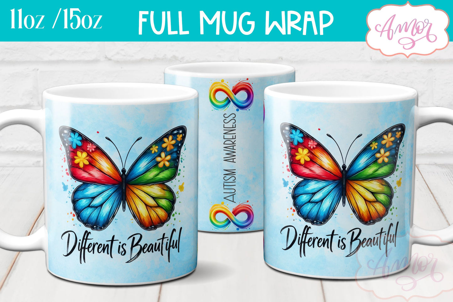 Autism awareness mug wrap | Different is beautiful mug PNG