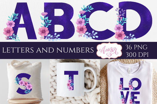 Floral alphabet set for sublimation | Monogram letters PNG