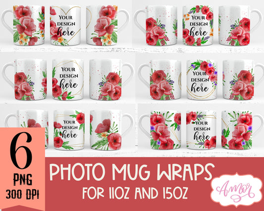 Floral photo mug sublimation bundle | customizable mugs PNG