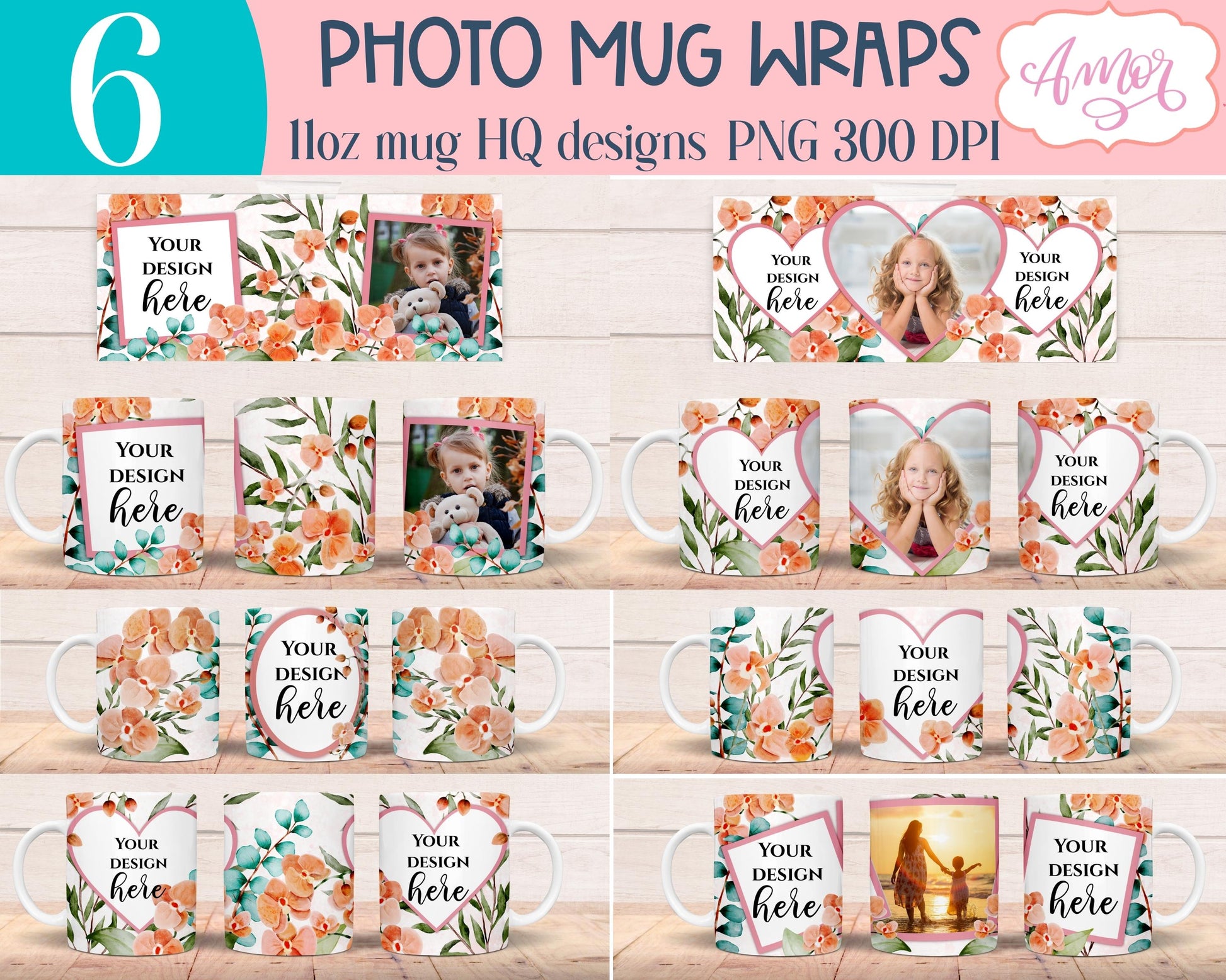 Floral photo mug sublimation bundle, customizable mugs PNG