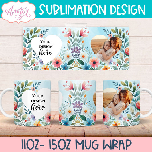 Floral photo mug template for sublimation customizable