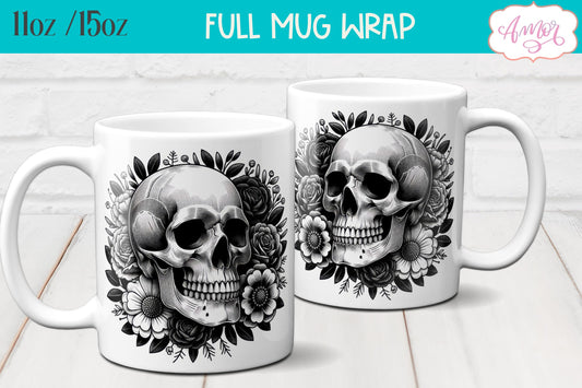 Floral skull mug wrap PNG for sublimation design 11oz 15oz