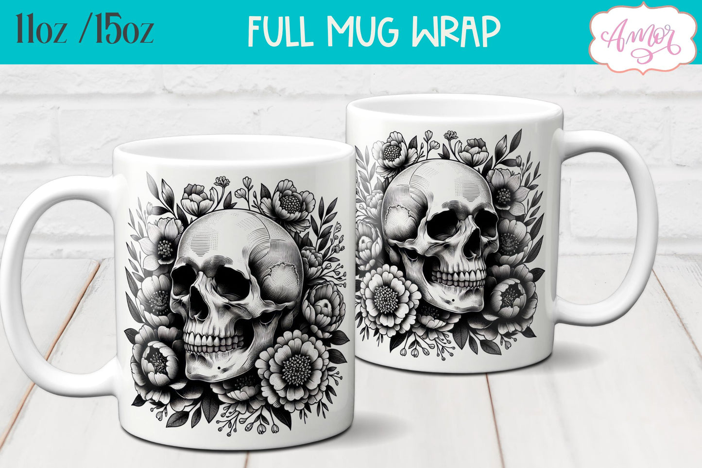 Floral skull mug wrap PNG for sublimation design 11oz 15oz