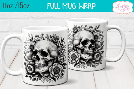 Floral skull mug wrap PNG for sublimation design 11oz 15oz