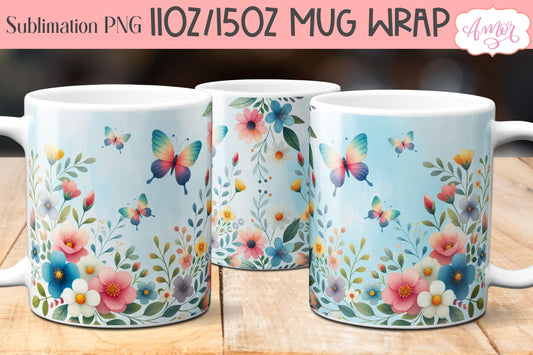 Flowers and butterflies mug wrap PNG for sublimation