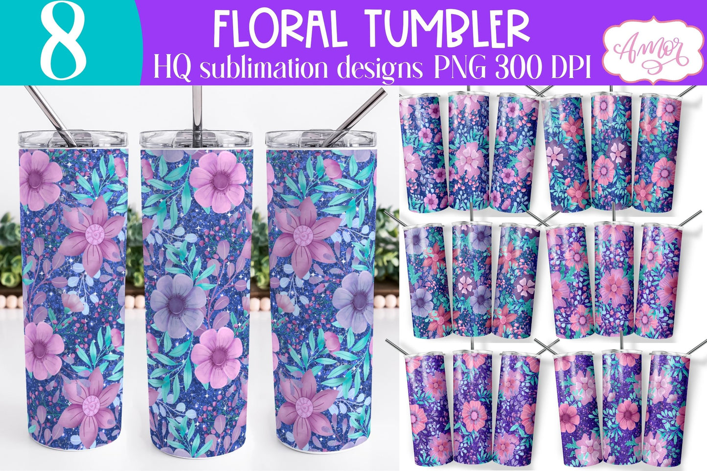 Flowers and glitter 20oz tumbler wrap sublimation PNG BUNDLE