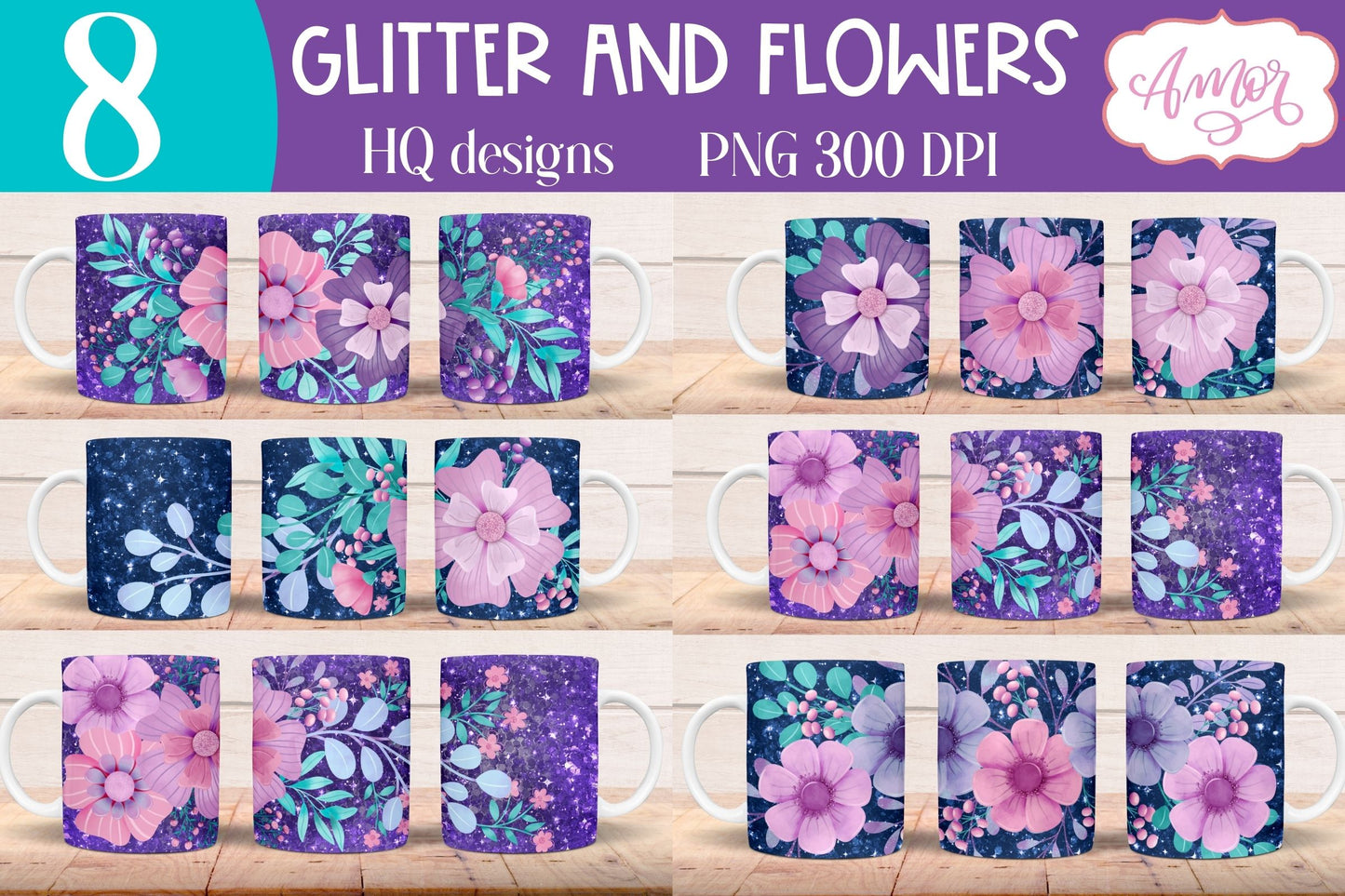 Glitter and Flowers Mug wrap PNG for Sublimation