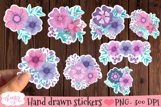 Hand drawn floral Stickers for Cricut Print and Cut | 8 PNG
