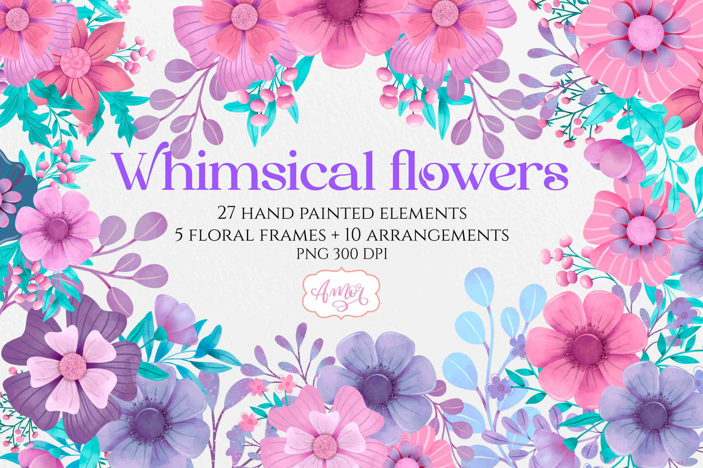 Hand painted whimsical flowers clipart PNG