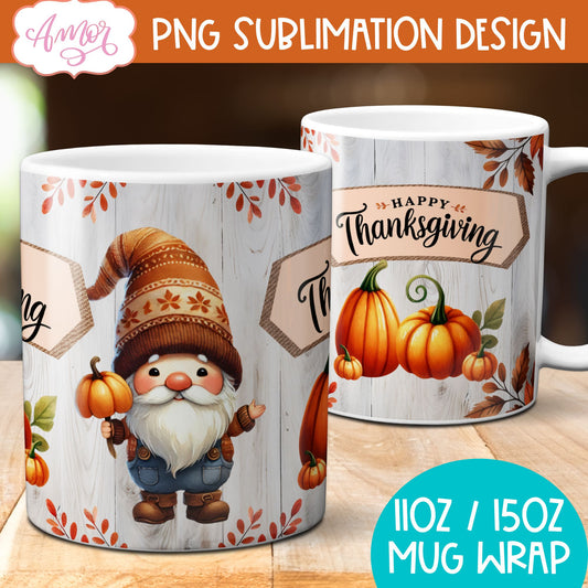 Happy Thanksgiving mug wrap PNG for sublimation | Fall gnome