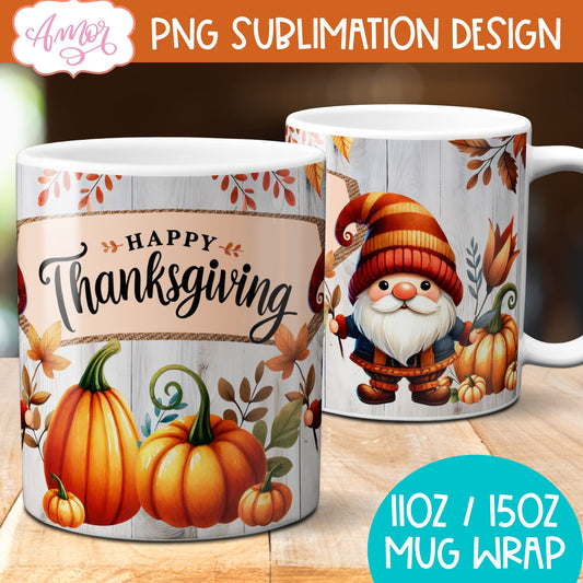 Happy Thanksgiving mug wrap PNG for sublimation | Fall gnome