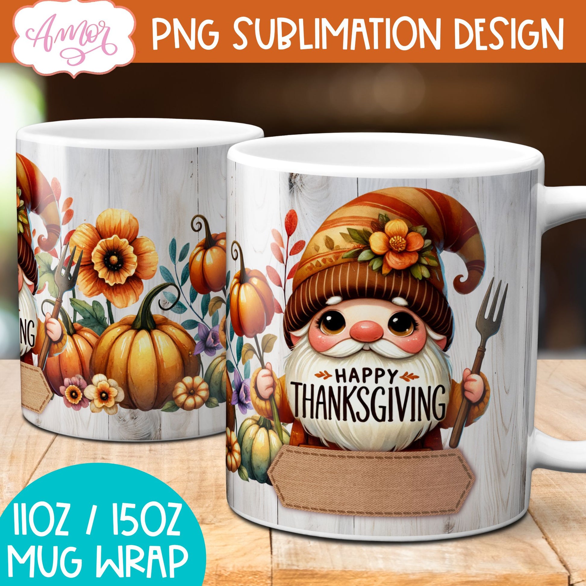 Happy Thanksgiving mug wrap PNG for sublimation | Fall gnome