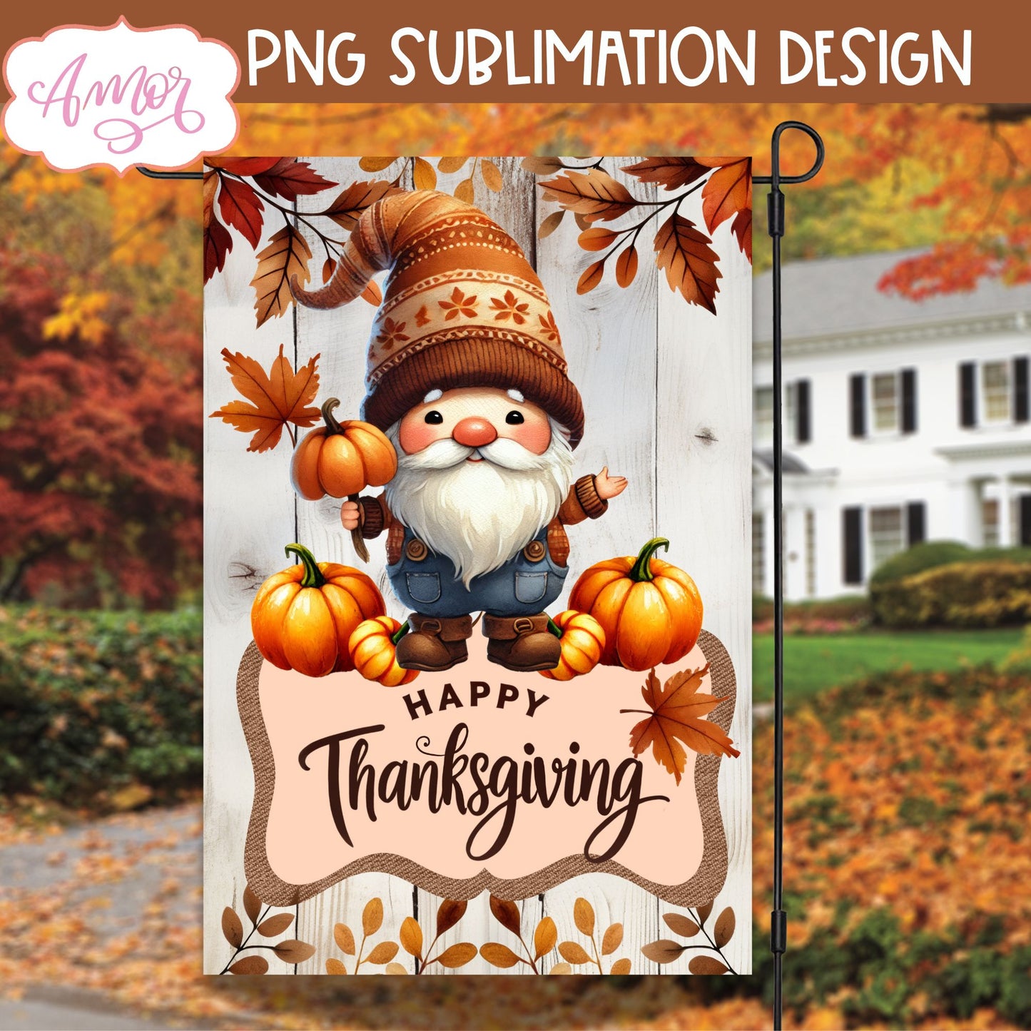 Happy thanksgiving garden flag sublimation | Cute gnome PNG