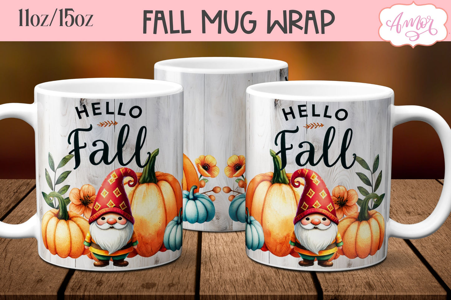 Hello Fall mug wrap sublimation PNG | Cute fall gnome mug