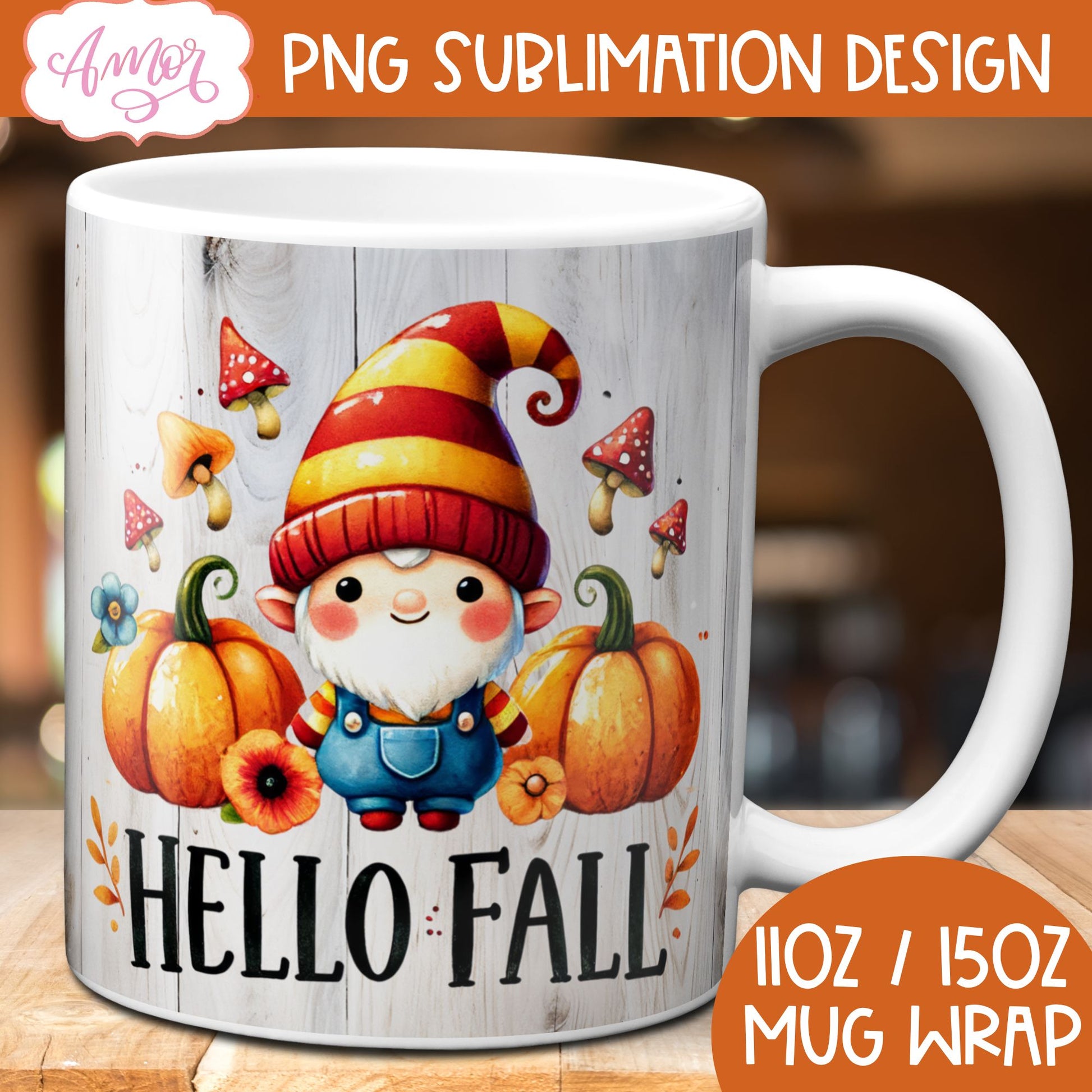 Hello Fall mug wrap sublimation PNG | Cute fall gnome mug