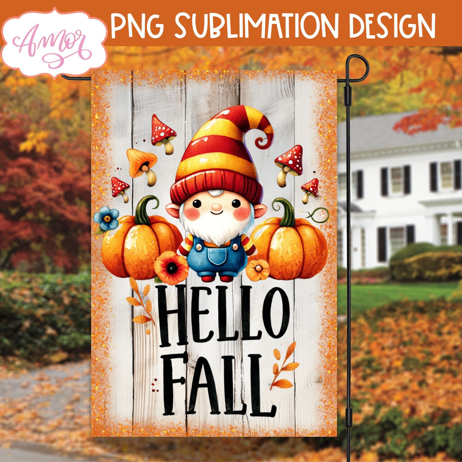 Hello fall garden flag sublimation design | Cute fall gnome