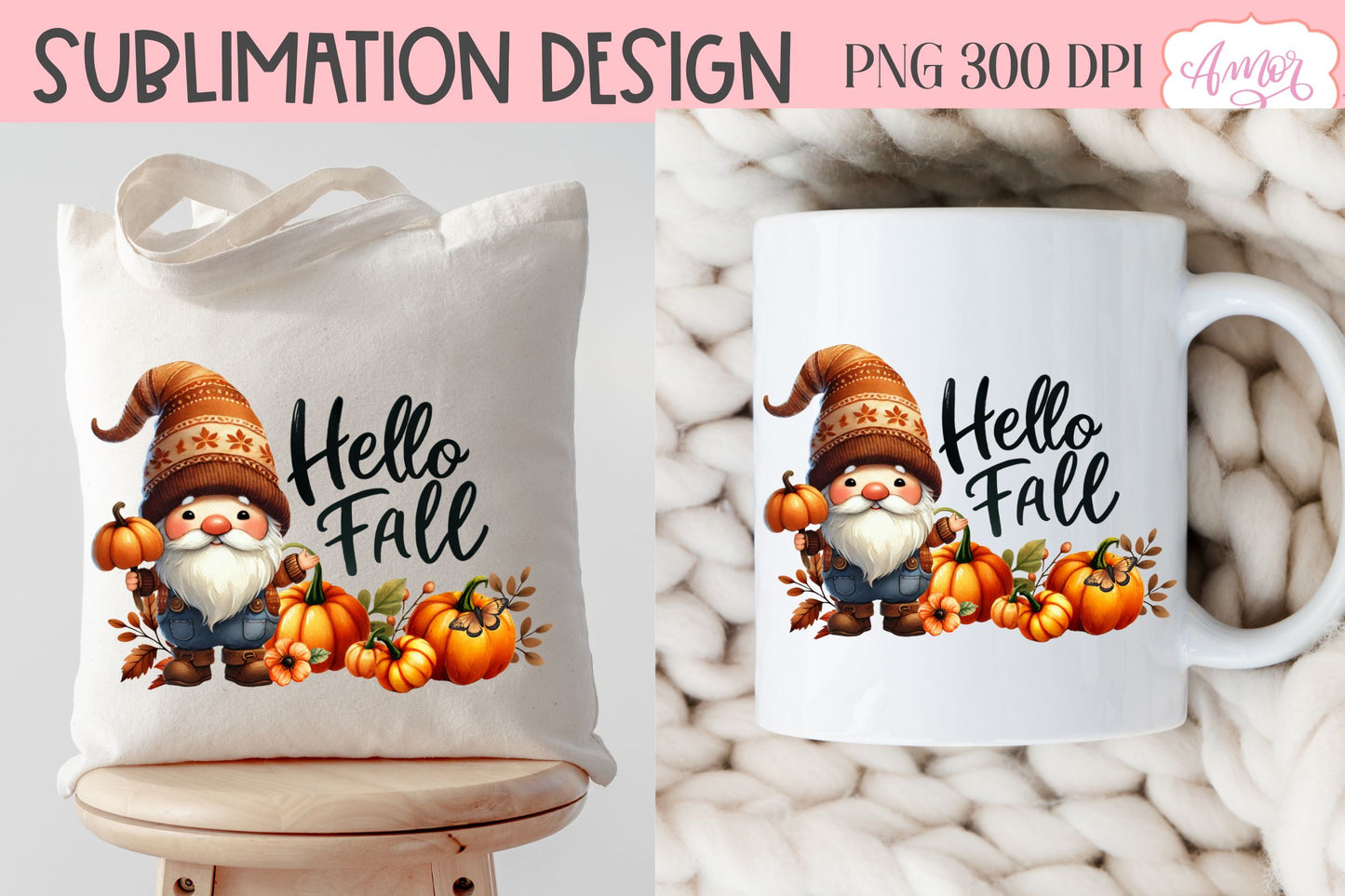 Hello fall sublimation PNG | cute fall gnome PNG design