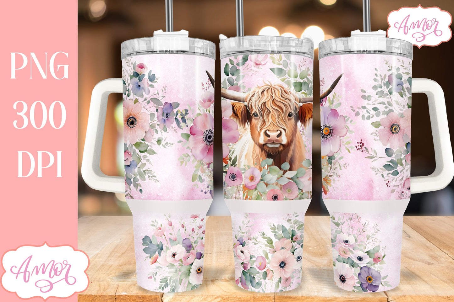 Highland cow and flowers 40 oz tumbler PNG for sublimation