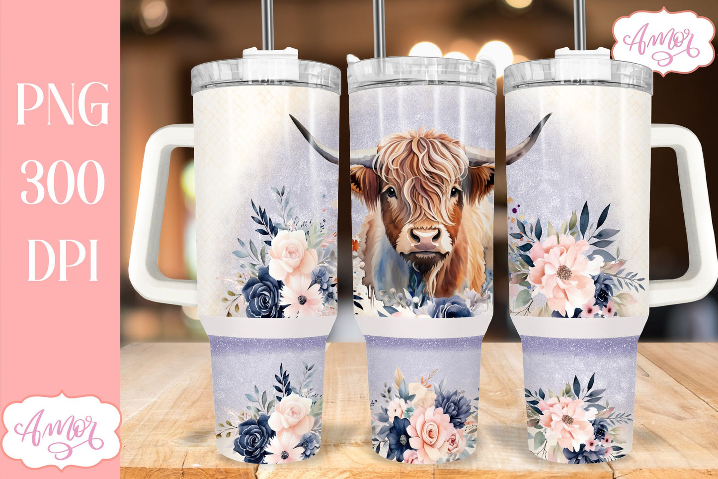 Highland cow and flowers 40 oz tumbler PNG for sublimation
