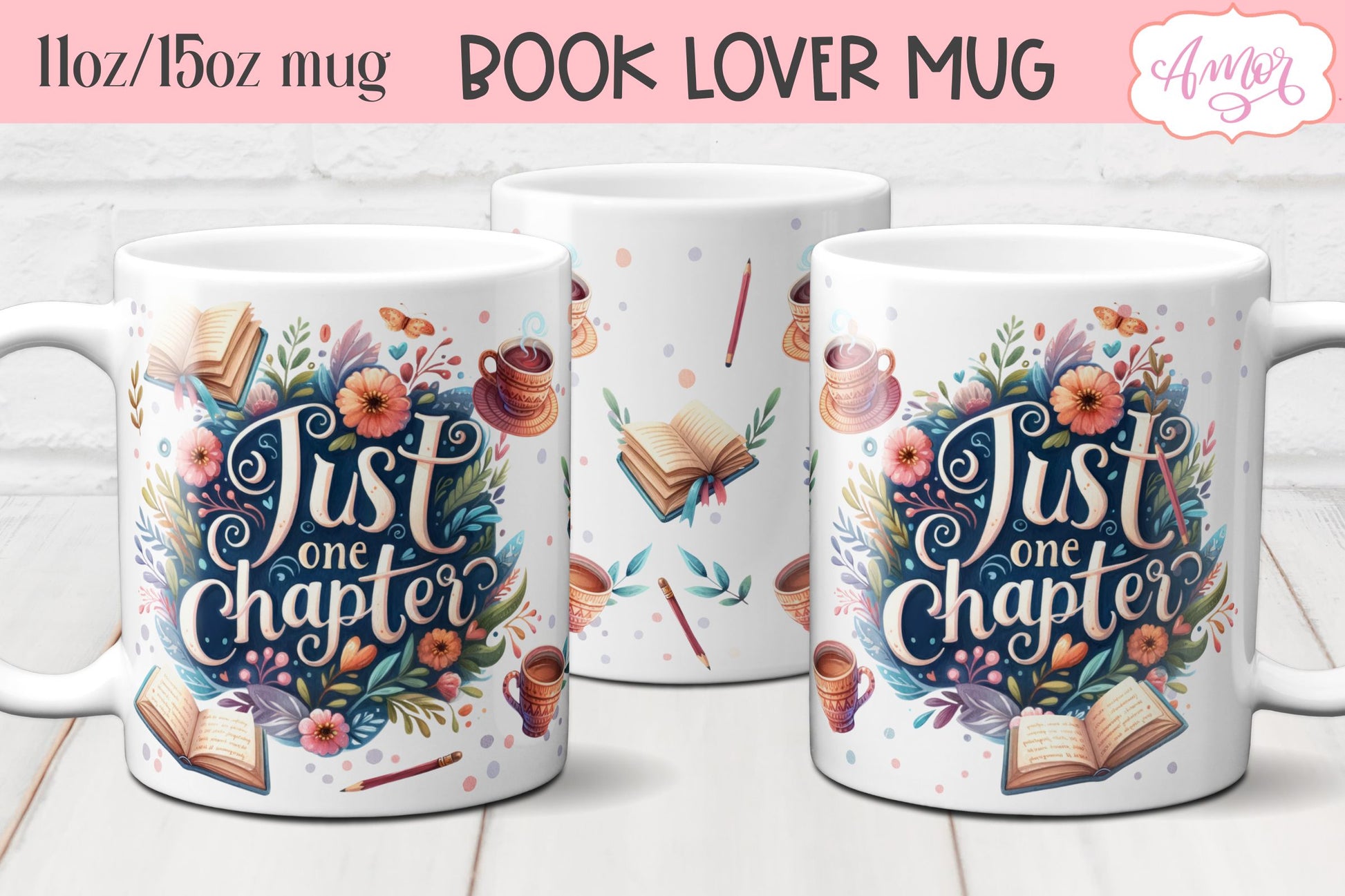 Just one chapter mug wrap sublimation PNG | Book lover mug