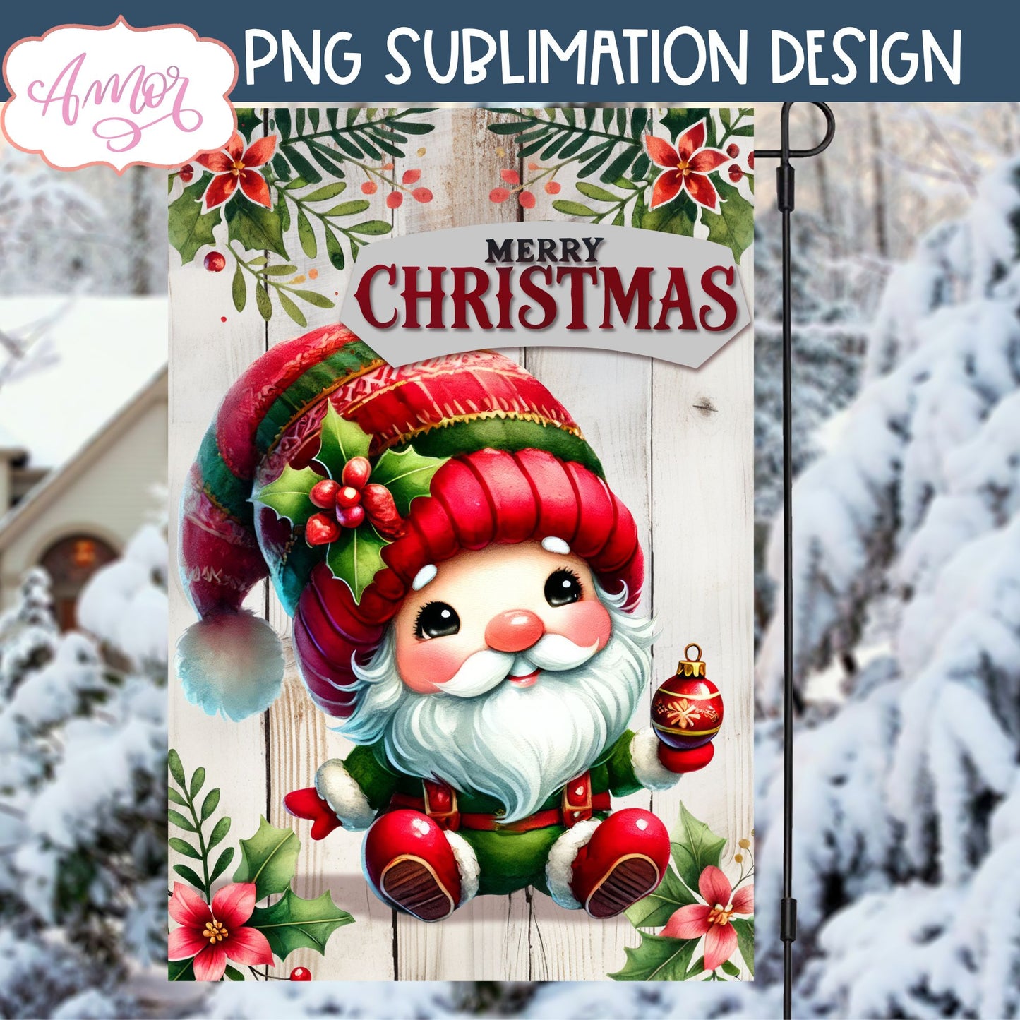 Merry Christmas garden flag sublimation PNG | Cute gnome