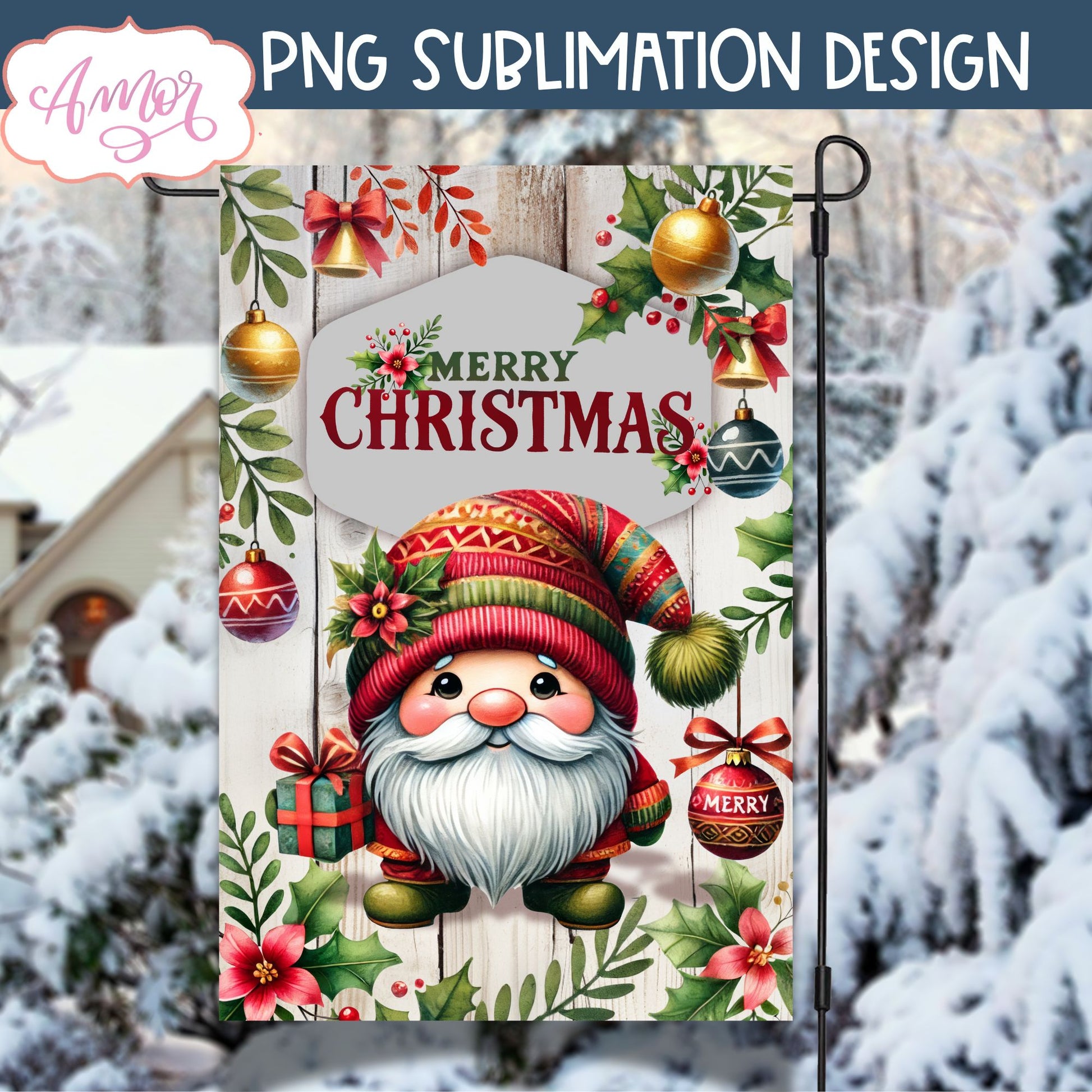 Merry Christmas garden flag sublimation PNG | Cute gnome