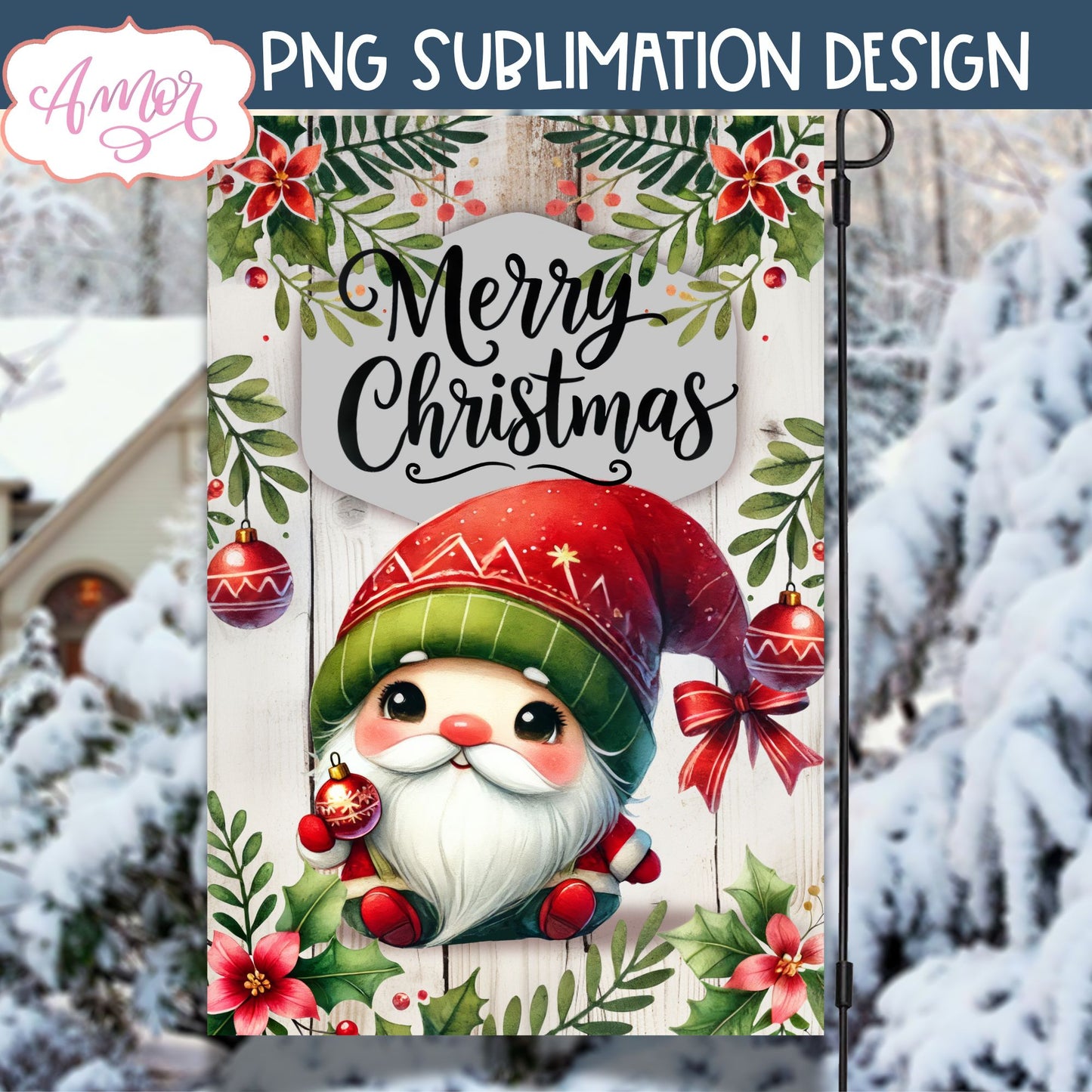 Merry Christmas garden flag sublimation PNG | Cute gnome