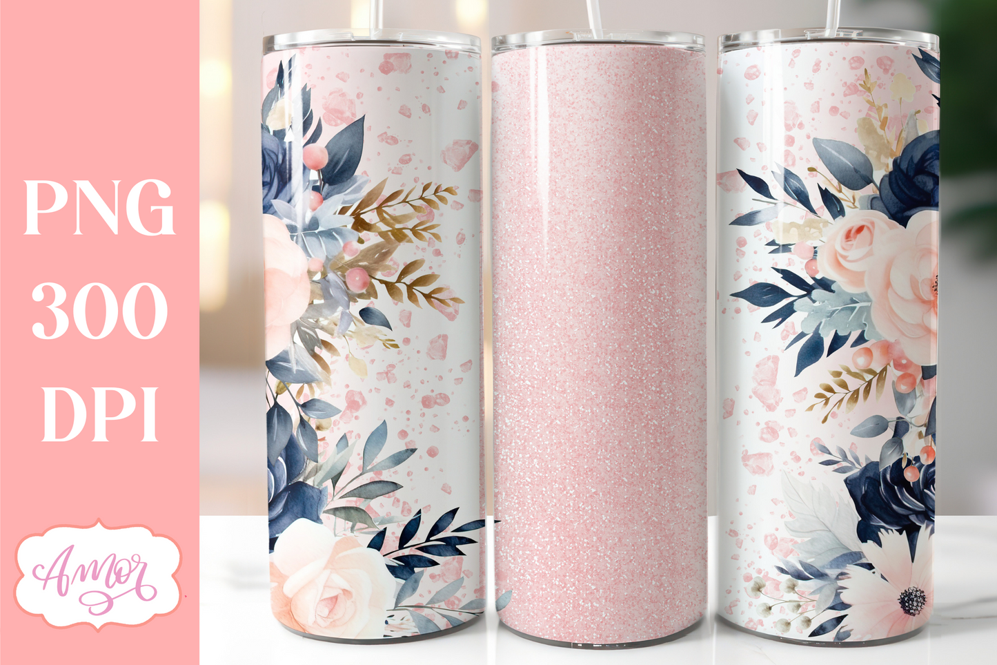Navy and blush floral tumbler wrap sublimation PNG