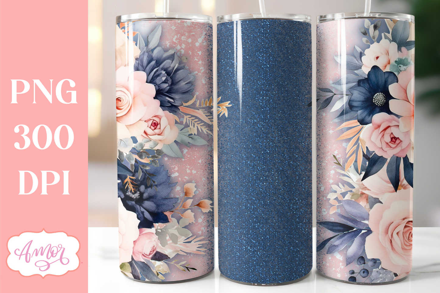 Navy and blush floral tumbler wrap sublimation PNG