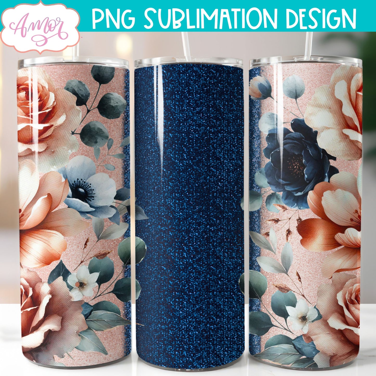 Navy and blush floral tumbler wrap sublimation PNG