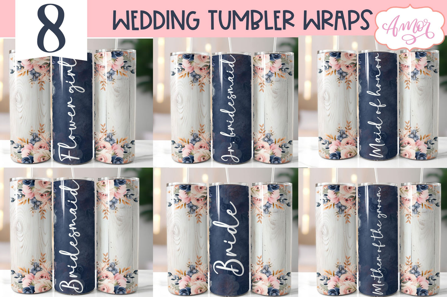 Navy and blush wedding Tumbler Wraps sublimation BUNDLE