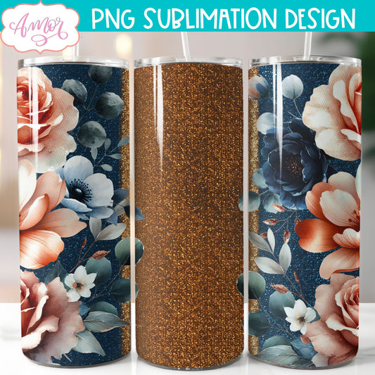 Navy and copper floral tumbler wrap sublimation PNG