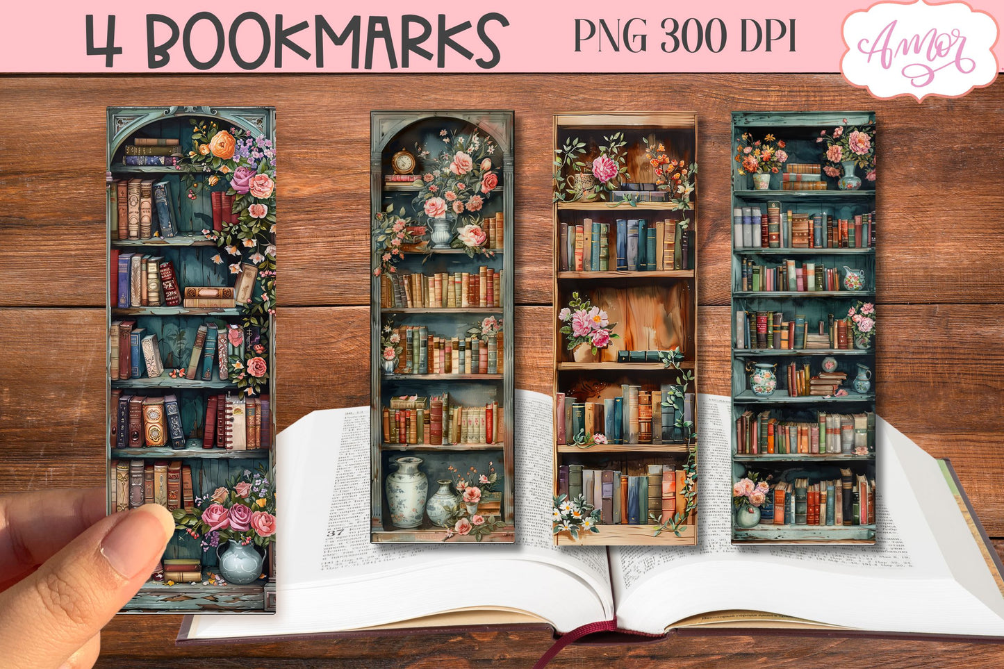 Old book shelves bookmark | Watercolor books PNG printable