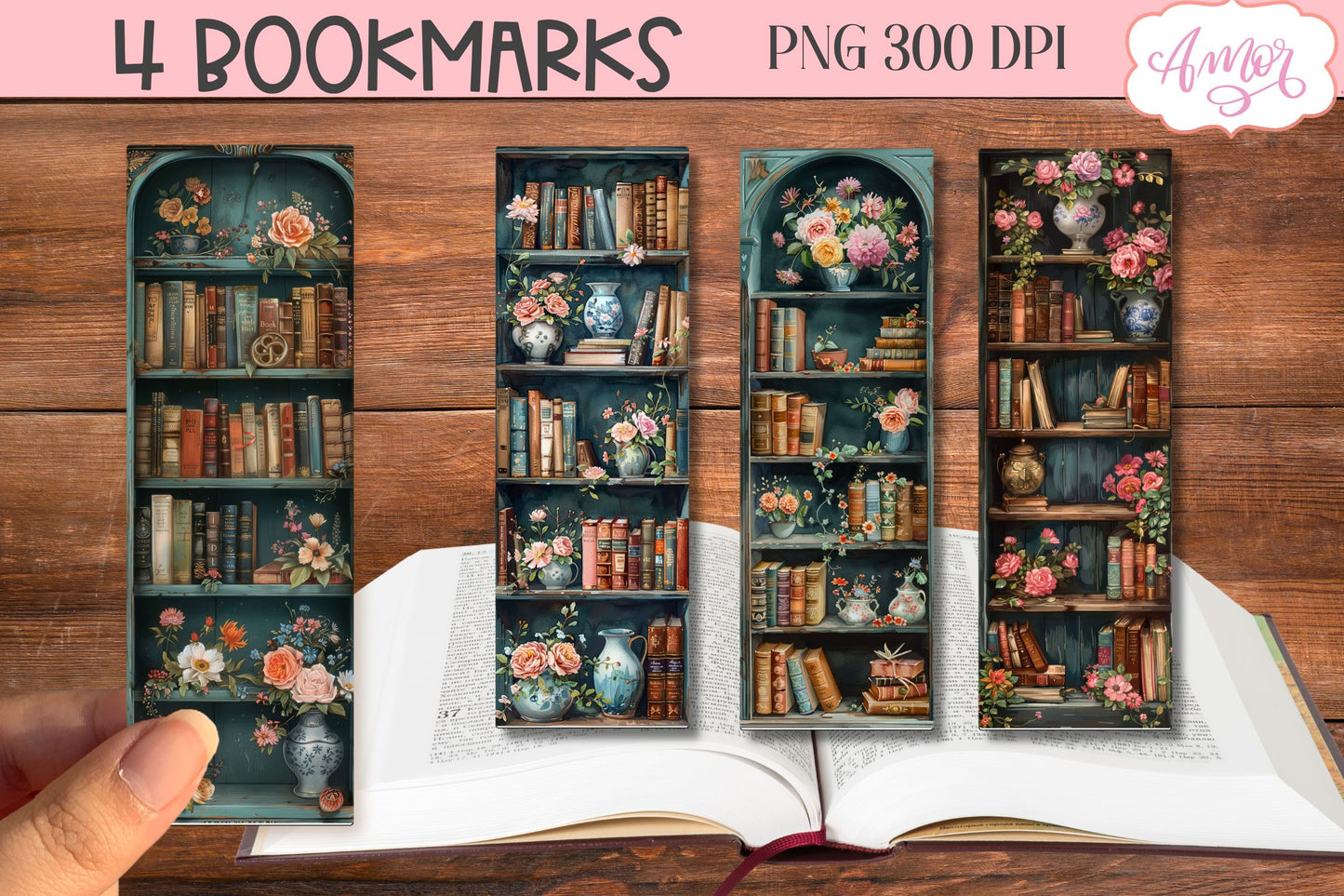 Old book shelves bookmark | Watercolor books PNG printable