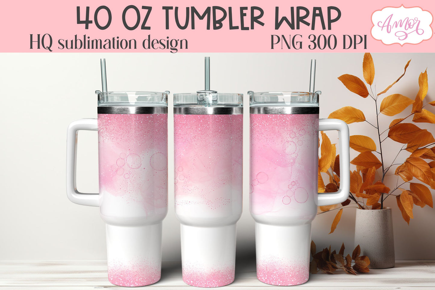 Pink 40 oz tumbler PNG for sublimation | Alcohol ink glitter